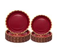 Shein 10 piezas/20 piezas/30 piezas Platos de papel burdeos - Platos de cena de 9" + Platos de postre de 7" con borde dorado ondulado, Platos de papel para