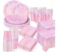 Shein 10 piezas/20 piezas/50 piezas Juego de platos desechables de papel con purpurina de diamante rosa, platos desechables rosas, vasos, servilletas, adecu