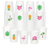 Shein 10 piezas/20 piezas/50 piezas Juego de vasos de papel blancos con estampados tropicales, 5 estilos que incluyen árbol de coco, hoja de monstera, flor