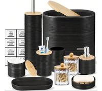 Shein 10 piezas Juego de accesorios de baño de bambú, incluye cepillo de inodoro, papelera, jabonera, dispensador de jabón, vaso, soporte para cepillo de di