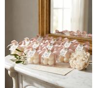 Shein 10 Sets de Velas con Burbujas, Blanco Crema con Cinta Rosa Polvo y Tarjeta de Agradecimiento Dorada, Elegancia Francesa Romántica, Ideal para Novias F