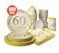 Shein 100/25/10 piezas Globos dorados 60 cumpleaños Feliz cumpleaños Platos desechables Servilletas Vasos, Juego de suministros para fiestas desechables, Ad