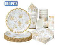 Shein 100/25/10 piezas Juego de vajilla de fiesta con forma de pétalo de porcelana amarilla, azul y blanca, platos de papel desechables de 7/9 pulgadas, vas