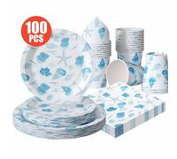 Shein 100/25/10 piezas Platos, servilletas, vasos desechables con diseño de fósil marino blanco, juego de suministros desechables para fiestas, adecuado par