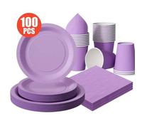 Shein 100/25/10 piezas Platos, servilletas, vasos desechables de color púrpura puro, juego de suministros desechables para fiestas, adecuado para 25 invitad