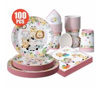 Shein 100/25/10 piezas Platos, servilletas y vasos desechables con borde floral y animal rosa, juego de suministros desechables para fiestas, adecuado para