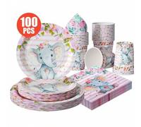 Shein 100/25/10 piezas Platos, servilletas y vasos desechables con diseño de elefante y rayas rosas, juego de suministros desechables para fiestas, adecuado