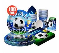 Shein 100/25/10 piezas Platos, Servilletas y Vasos Desechables con Diseño de Portería de Fútbol, Juego de Suministros Desechables para Fiestas, Adecuado par