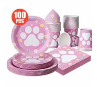 Shein 100/25/10 piezas Platos, servilletas y vasos desechables con estampado de pata de gato y flores rosas, juego de suministros desechables para fiestas,