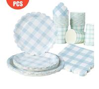 Shein 100/25/10 piezas Platos, servilletas y vasos desechables con forma de pétalo a cuadros azules y blancos, suministros para fiestas para 25 invitados, p
