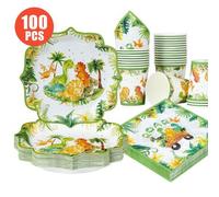 Shein 100/25/10 piezas Platos, Servilletas y Vasos Desechables con Forma de Pétalo de Dinosaurio de la Selva, Juego de Suministros Desechables para Fiestas,