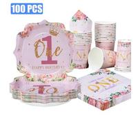 Shein 100/25/10 piezas Platos, servilletas y vasos desechables con forma de pétalo de flor rosa para el primer cumpleaños, suministros para fiesta de cumple