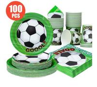 Shein 100/25/10 piezas Platos, servilletas y vasos desechables de color verde con temática de fútbol, suministros para fiesta con tema de fútbol, adecuados