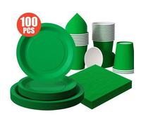 Shein 100/25/10 piezas Platos, servilletas y vasos desechables de color verde puro, juego de suministros desechables para fiestas, adecuado para 25 invitado
