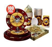 Shein 100/25/10 piezas Platos, Servilletas y Vasos Desechables para Búsqueda del Tesoro Pirata, Juego de Suministros para Fiestas Desechables, Adecuado para