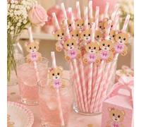 Shein 100/50/30/20piezas Pajitas de papel con oso rosa lindo, decoración para cumpleaños de niños, baby shower, fiesta de revelación de género
