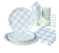 Shein 100/55/25/10 piezas Platos y servilletas de papel a cuadros azul claro, suministros para fiestas, platos de papel desechables de 7/9 pulgadas a cuadro