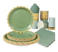 Shein 100/75/25/10 piezas Platos de papel con forma de pétalo verde hierba con borde dorado, platos desechables, servilletas y vasos de papel, suministros p