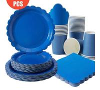 Shein 100/75/25/10 piezas Platos desechables con forma de pétalo azul real, servilletas, vasos, suministros para fiestas, adecuados para 25 invitados, plato