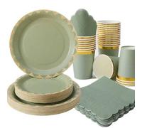 Shein 100/75/25/10 piezas Platos, Servilletas y Vasos Desechables con Borde Dorado Verde Salvia, Suministros para Fiesta con Platos, Servilletas y Vasos con