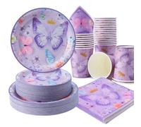 Shein 100/75/25/10 piezas Platos, servilletas y vasos desechables con corona de mariposa morada, suministros para fiesta con platos, servilletas y vasos con