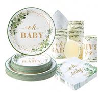 Shein 100/75/25/10 piezas Platos, Servilletas y Vasos Desechables con Diseño de Planta Verde, Suministros para Fiesta con Platos, Servilletas y Vasos de Pla