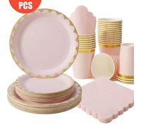 Shein 100/75/25/10 piezas Platos, servilletas y vasos desechables de encaje rosa claro y dorado, platos rosa claro, servilletas y vasos, suministros para fi
