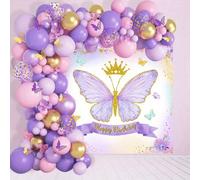 Shein 100 globos de mariposa morados, set de guirnalda de arco de látex y combo de pancarta de fondo, adecuado para decoración de fiesta de cumpleaños, baby