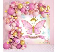 Shein 100 globos de mariposa rosa, juego de guirnalda de látex y combo de pancarta de fondo, adecuado para decoración de fondo de fiesta de cumpleaños, sumi