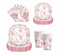 Shein 10pcs/20pcs/50pcs/Set, Platos desechables para fiesta con estampado floral rosa, servilletas, vasos y platos de papel rosa y blanco de 9 pulgadas/7 pu