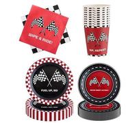 Shein 10pcs/20pcs/50pcs/Set, Platos y Servilletas Desechables con Tema de Carreras, Suministros para Fiesta de Carreras Rojos, Platos con Patrón de Bandera