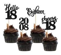 Shein 12/24 piezas Decoraciones para cupcakes de 18 cumpleaños, diseño con brillo que dice "Hola 18", "Brindis por 18", "Dieciocho desde 2007", adecuado par