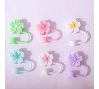 Shein 12/6/4/1 pieza Tapa de pajita con diseño de flor de dibujos animados, compatible con accesorios de taza , tapa de pajita de silicona que se ajusta a t