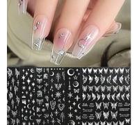 Shein 12 hojas de pegatinas de uñas con diseños de estrellas, lunas y mariposas - Pegatinas de uñas 3D de metal plateado autoadhesivas para decoración de uñ