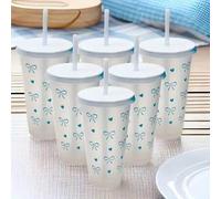 Shein 12 piezas de 24 onzas Vasos de plástico con decoración de lazo azul claro, con tapas y pajitas. Vasos con lazo rosa para el Día de San Valentín, reuti