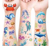 Shein 12 piezas de pegatinas de tatuajes temporales brillantes con diseños de sirena y animales marinos, diseños lindos, resistentes al agua, patrones reali