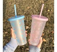 Shein 12 piezas Vasos de plástico reutilizables con cinta rosa, vasos de plástico azul pastel de 24 onzas con tapas y pajitas, vasos de plástico transparent