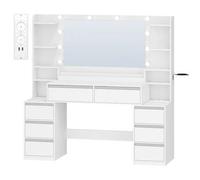 Shein 135 cm Tocador Grande, Tocador de Maquillaje con Luz LED, Grande Espejo, Mesa de Maquillaje con Prácticas Tomas de Corriente, 8 Cajones, Estantes Abie