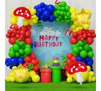 Shein 156 piezas Juego surtido de globos rojos, azules, verdes y amarillos con diseños de setas y estrellas, adecuado para celebraciones de cumpleaños con t