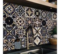 Shein 16 piezas de adhesivos de azulejos autoadhesivos, pegatinas de pared con patrones retro en negro y dorado, adecuados para la cocina, la sala de estar,