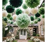 Shein 19 piezas Bolas de flores de papel decorativas con tema de jungla bohemia - Bolas de flores verde oscuro/verde oliva + Corona de flores dorada | Adecu