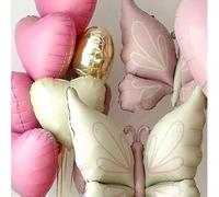 Shein 2/11 globos de mariposa de lámina mate rosa y beige grandes, set de globos en forma de corazón de 18" dorado claro y beige, adecuados para fiesta de c