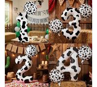 Shein 2/3 piezas Juego de globos de foil de 40 pulgadas con estampado de vaca números 0-9 + globos cuadrados y redondos de 18 pulgadas en blanco y negro, ad