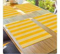 Shein 2/4/6 piezas Manteles individuales a rayas amarillas, 1 pieza Camino de mesa a rayas amarillas, Mantel decorativo rectangular de lino, Adecuado para c