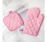 Shein 2 piezas Conjunto de guantes de horno y agarradores de ollas de poliéster rosa sólido con estampado, guantes para microondas y manteles, guantes para