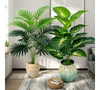 Shein 2 piezas Conjunto de plantas tropicales - Filodendro artificial y hojas de palma de areca, adecuado para decoración del hogar, oficina y jardín - Exce