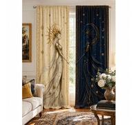 Shein 2 piezas Cortinas decorativas con estampado de patchwork de la diosa del sol y la luna misteriosa, diseño de bolsillo para barra sin taladro, fácil in