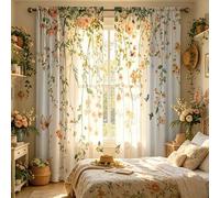 Shein 2 piezas de cortinas transparentes con estampado de flores y mariposas de acuarela, estilo pastoral, frescas y naturales, cortinas transparentes decor
