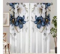 Shein 2 piezas de elegantes cortinas florales azules y blancas, diseño plano 2D con acentos dorados, sin ojales, adecuadas para dormitorio, oficina, cocina,