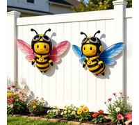 Shein 2 piezas Decoración de pared de metal con abeja piloto linda, adorno colgante de abeja colorida plana 2D para valla, escultura de pared impermeable pa